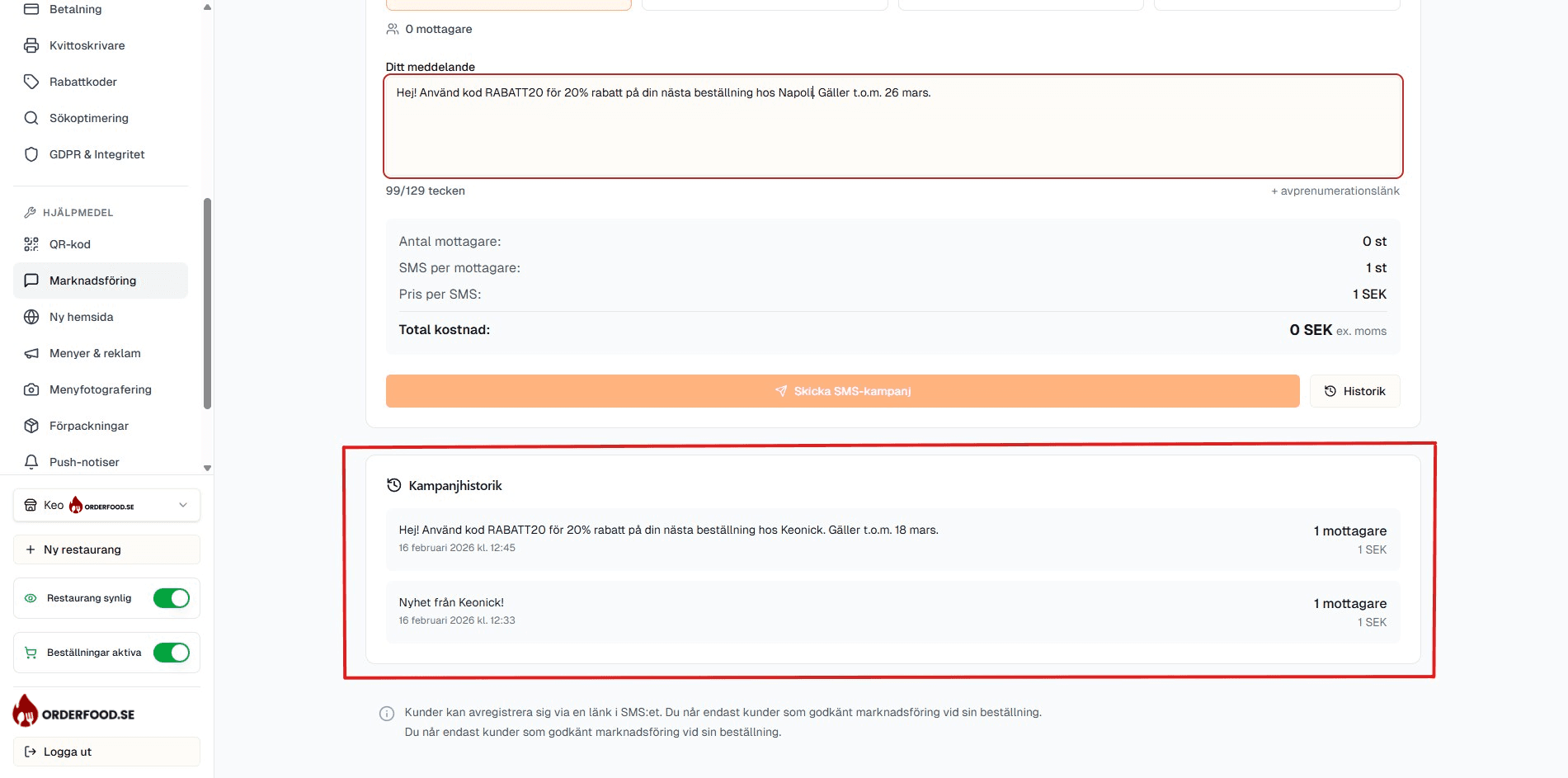 Kampanjhistorik med tidigare utskick och leveransstatus