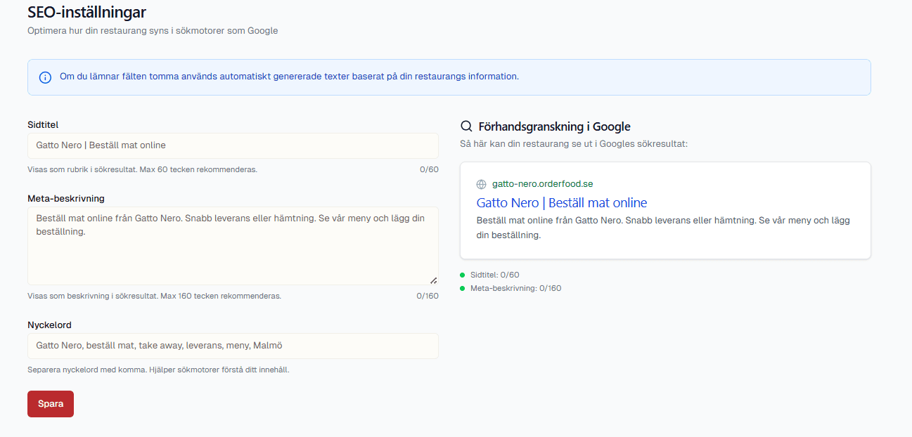 SEO-inställningar med meta-titel, beskrivning och Google-förhandsgranskning